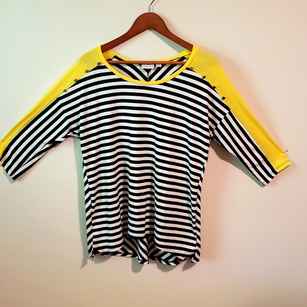 Black and White Striped top with Yellow and Button Details Kim Rogers L